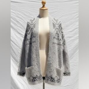 Knox Rose Fuzzy Eyelash Knit Cardigan In Nordic Boho Fair Isle Gray Shaggy...